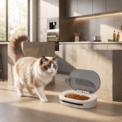 Gamelle automatique chat ouvrante chat approchant son repas