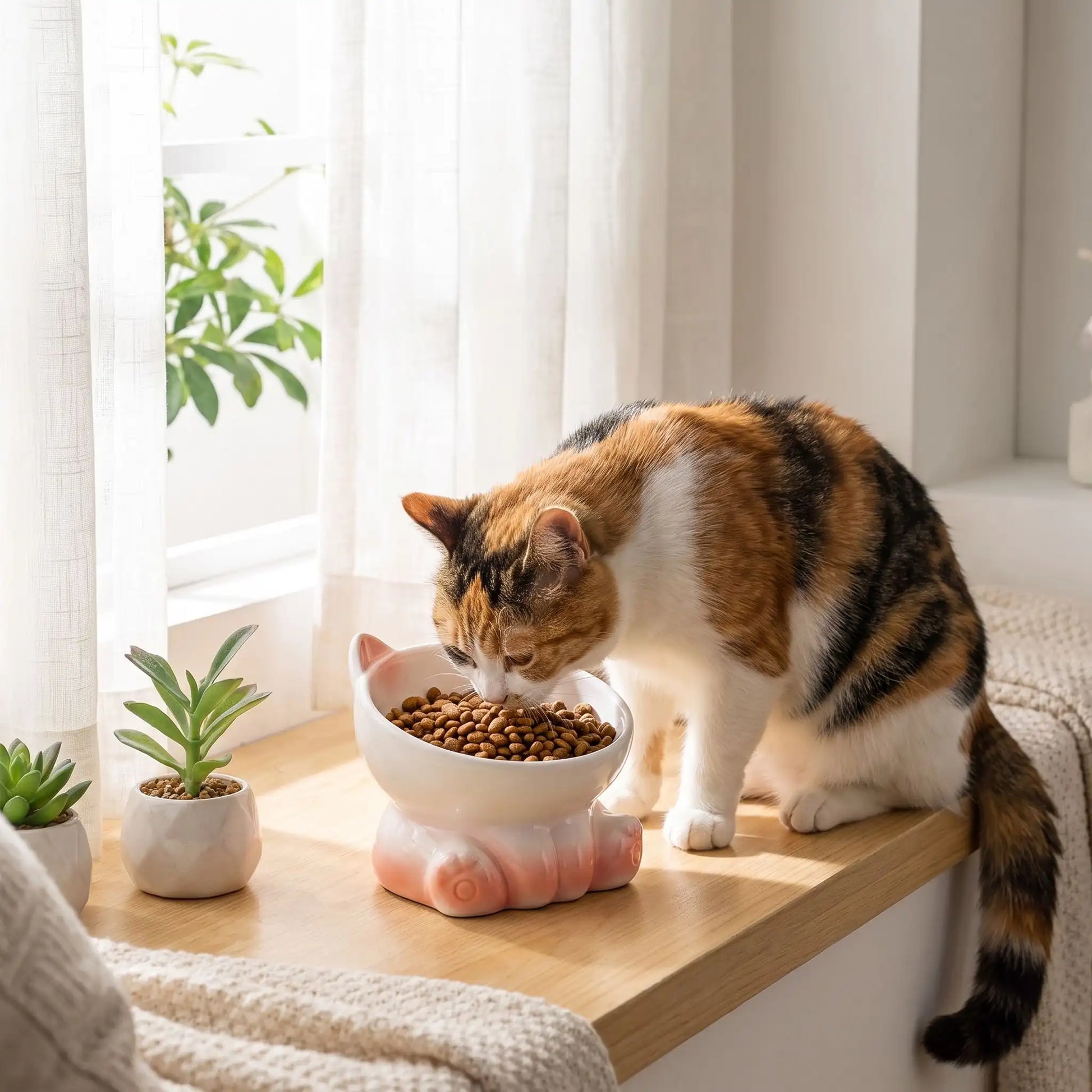 Gamelle ceramique pour chat blanche chat mangeant croquettes