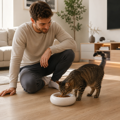 Gamelle ceramique pour chat blanche homme regarde chat manger