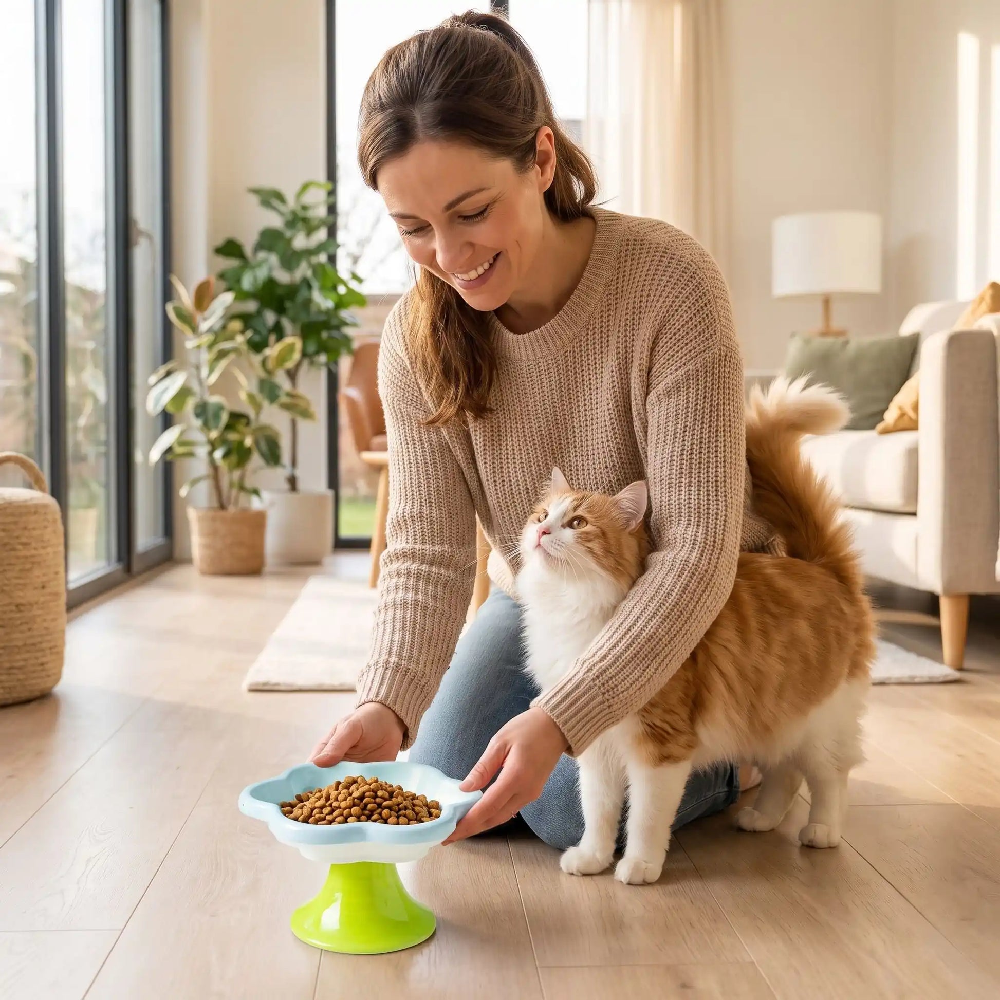 Gamelle ceramique pour chat bleue femme servant croquettes