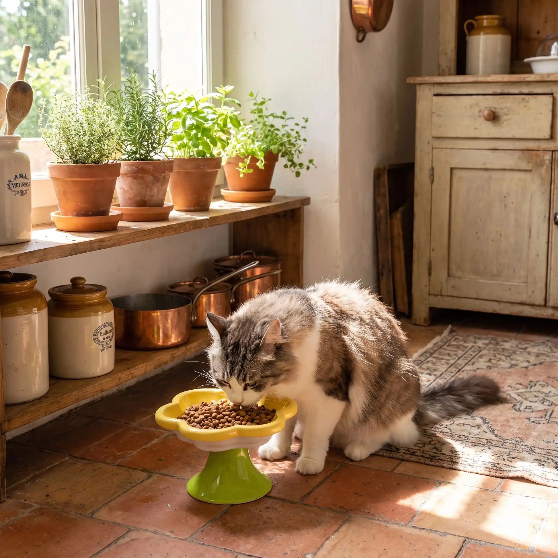 Gamelle ceramique pour chat jaune chat mange croquettes