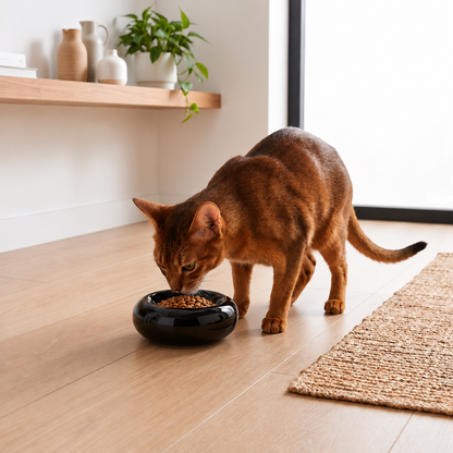 Gamelle ceramique pour chat noire chat abyssin mangeant croquettes