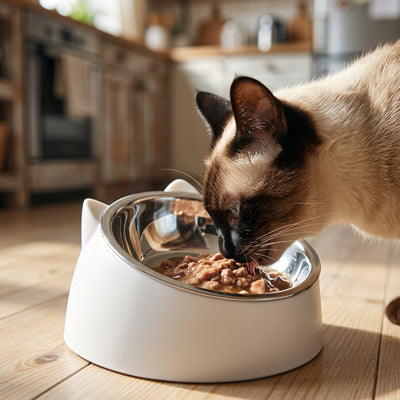 Gamelle chat blanche avec chat siamois mangeant pâtée 