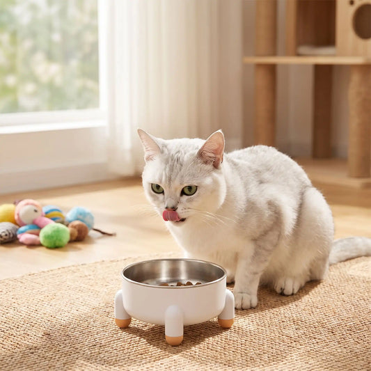 Gamelle chat blanche chat burmilla mangeant dedans