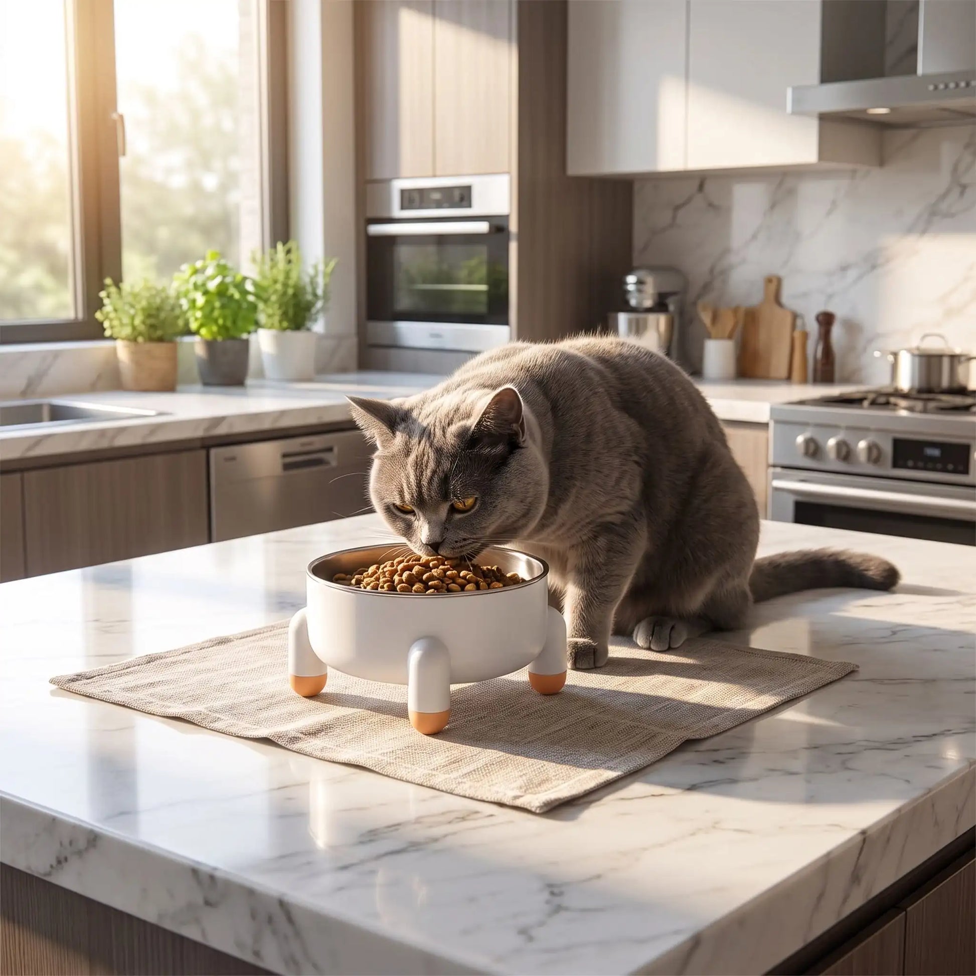 Gamelle chat blanche chat chartreux mangeant dans cuisine