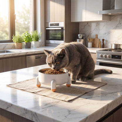 Gamelle chat blanche chat chartreux mangeant dans cuisine