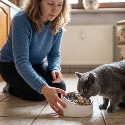 Gamelle chat blanche femme servant son chat croquettes