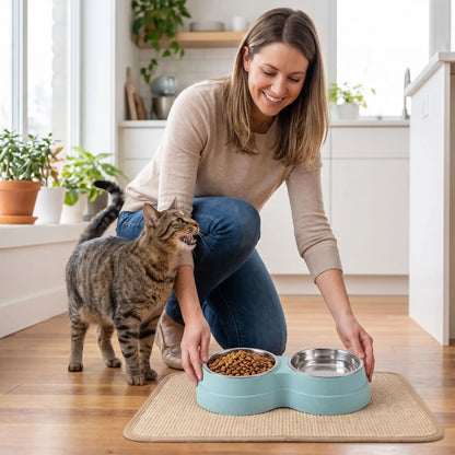 Gamelle chat bleue avec femme servant croquettes au chat
