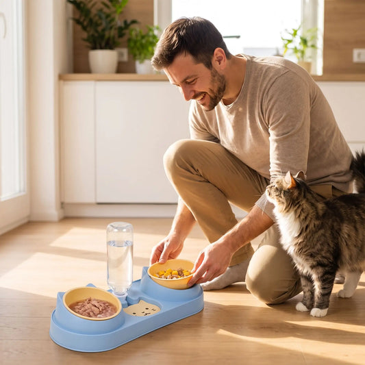 Gamelle chat bleue homme servant repas au chat