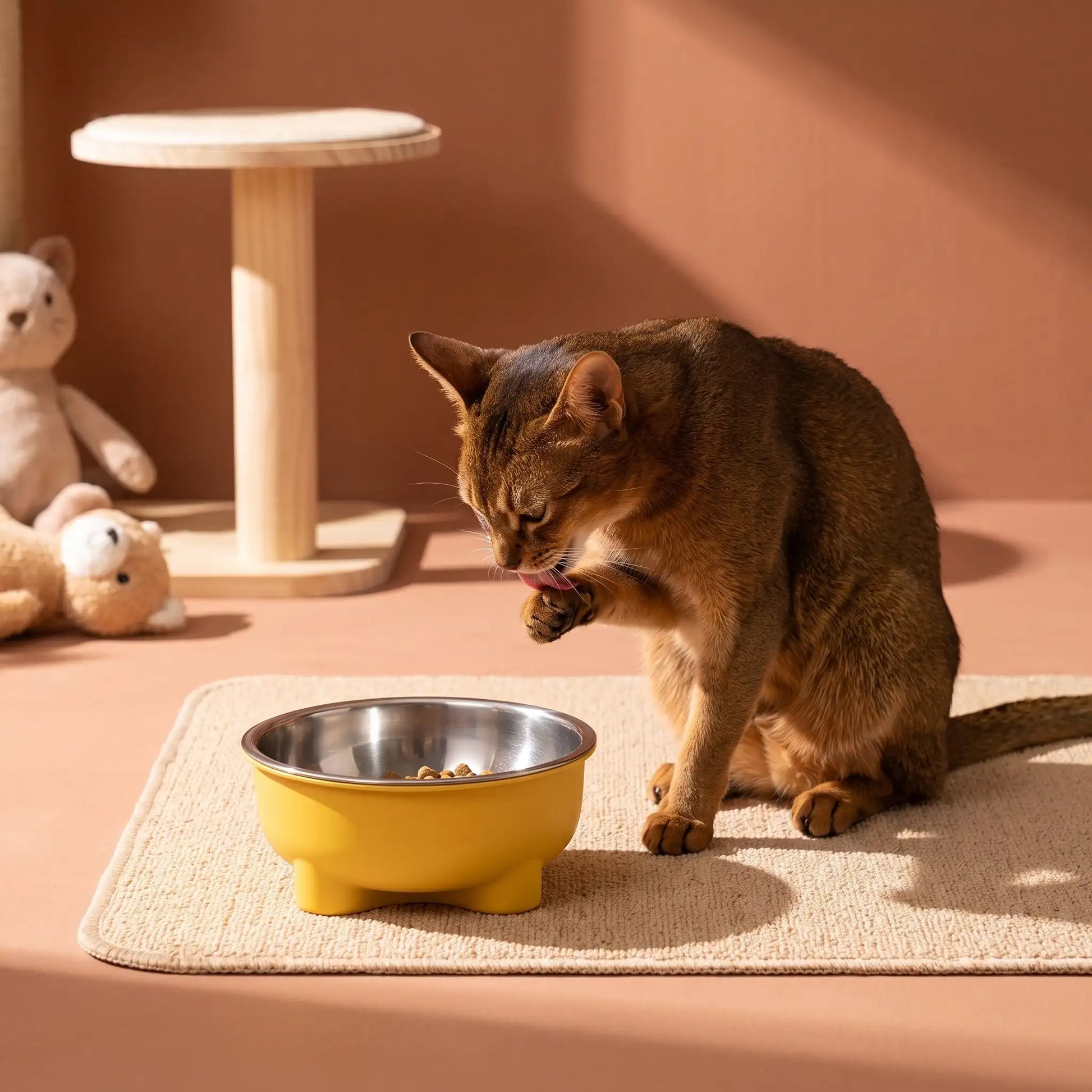 Gamelle chat jaune devant chat abyssin léchant sa patte