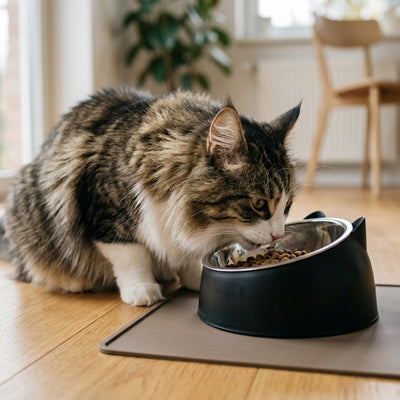 Gamelle chat noire chat poil long mange croquettes