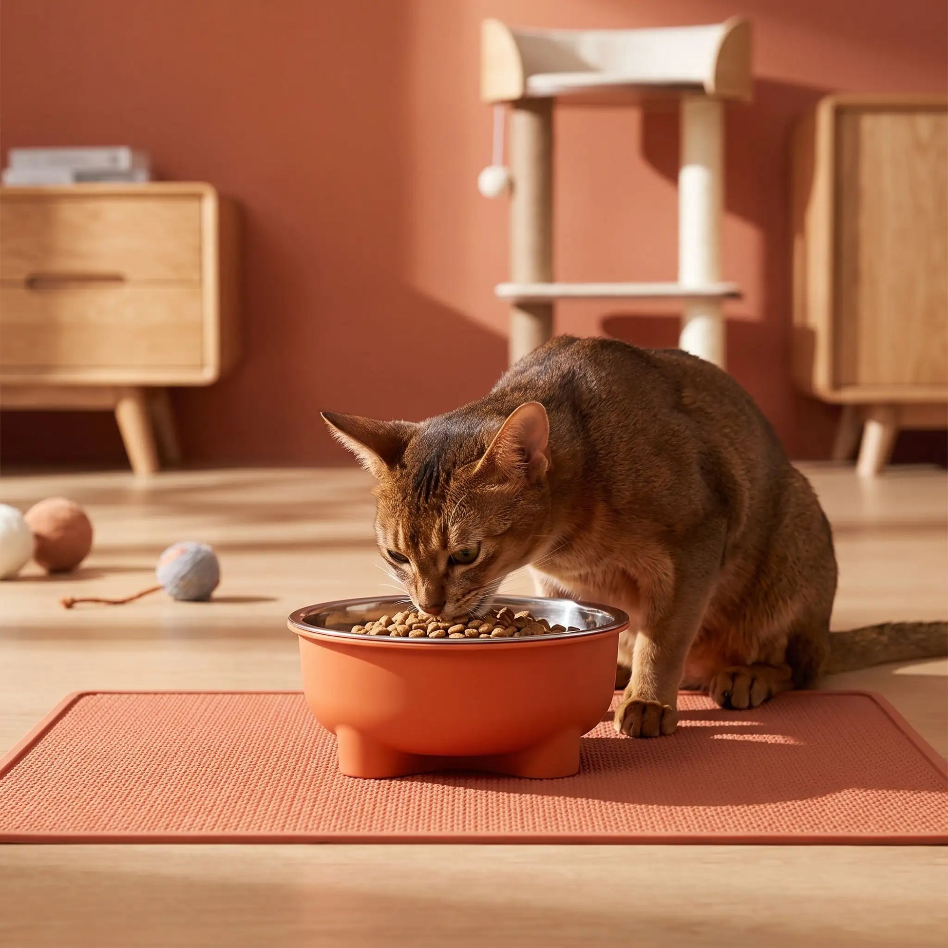 Gamelle chat orange chat abyssin mangeant croquettes