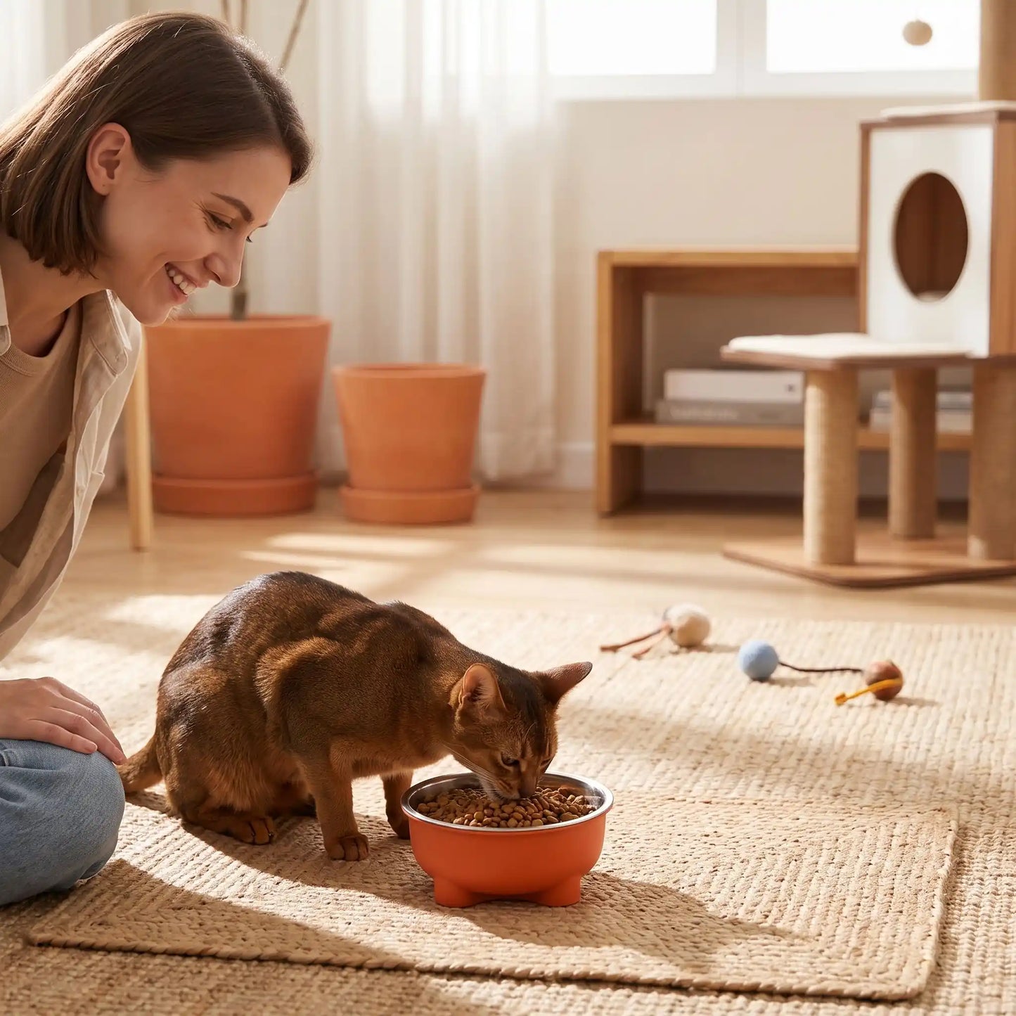 Gamelle chat orange chat mange femme souriante 