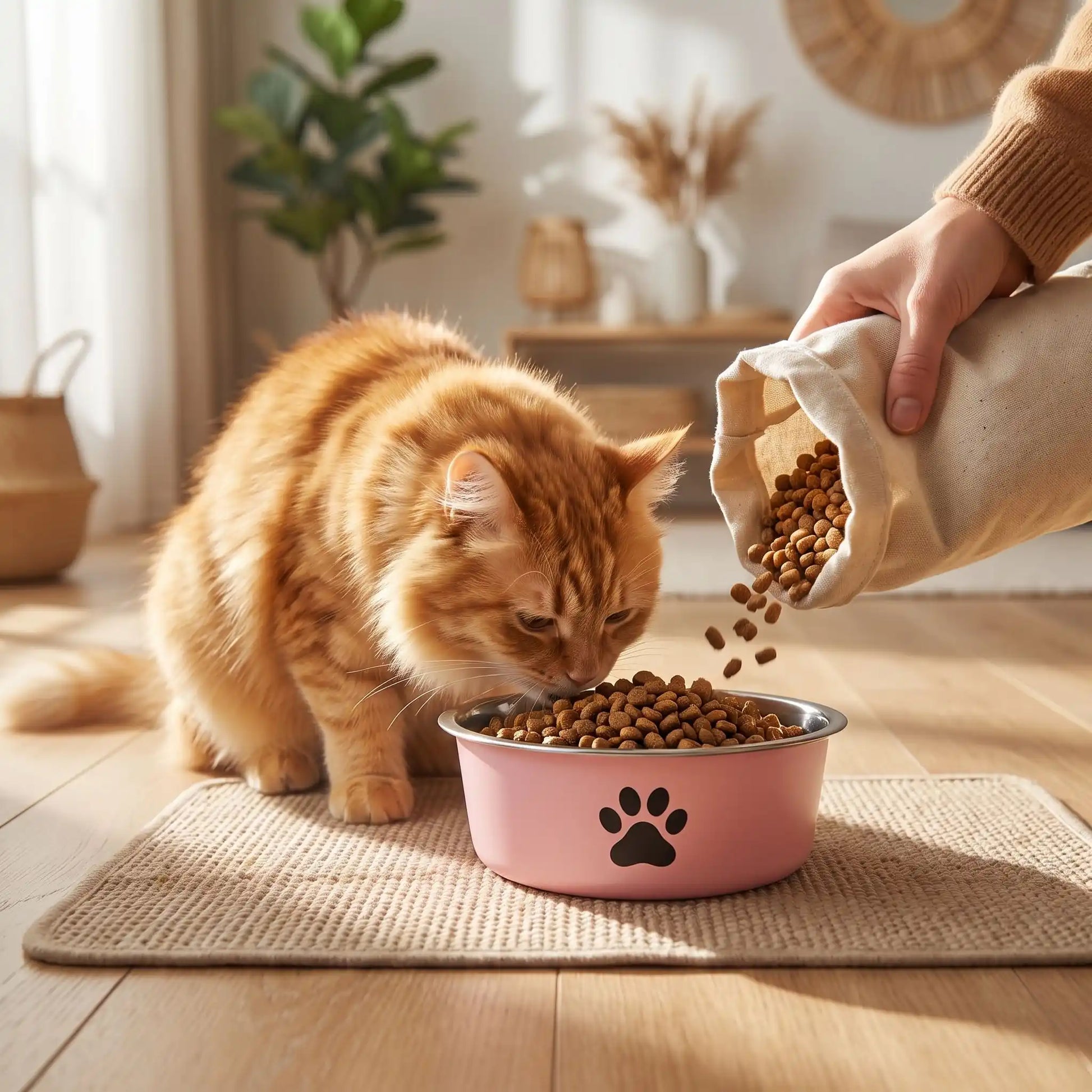 Gamelle chat rose chat mange avec maître ajoutant croquettes