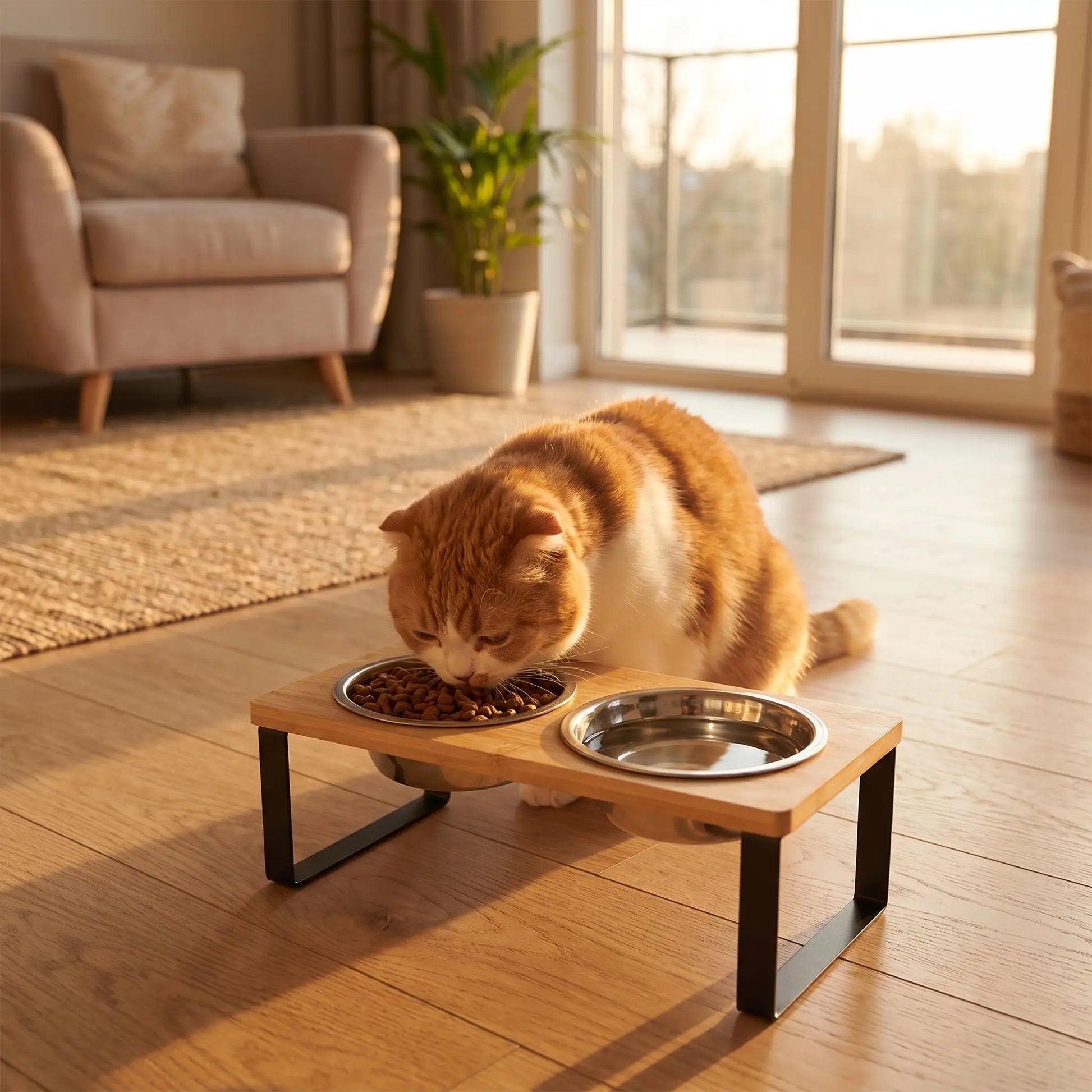 Gamelle chat surélevée avec chat mangeant des croquettes