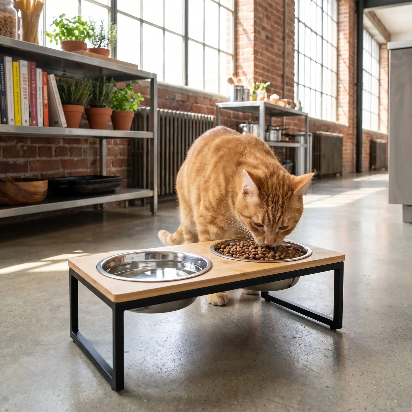 Gamelle chat surélevée avec chat mangeant sur support en bois