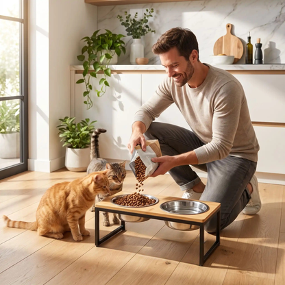 Gamelle chat surélevée avec propriétaire servant des croquettes