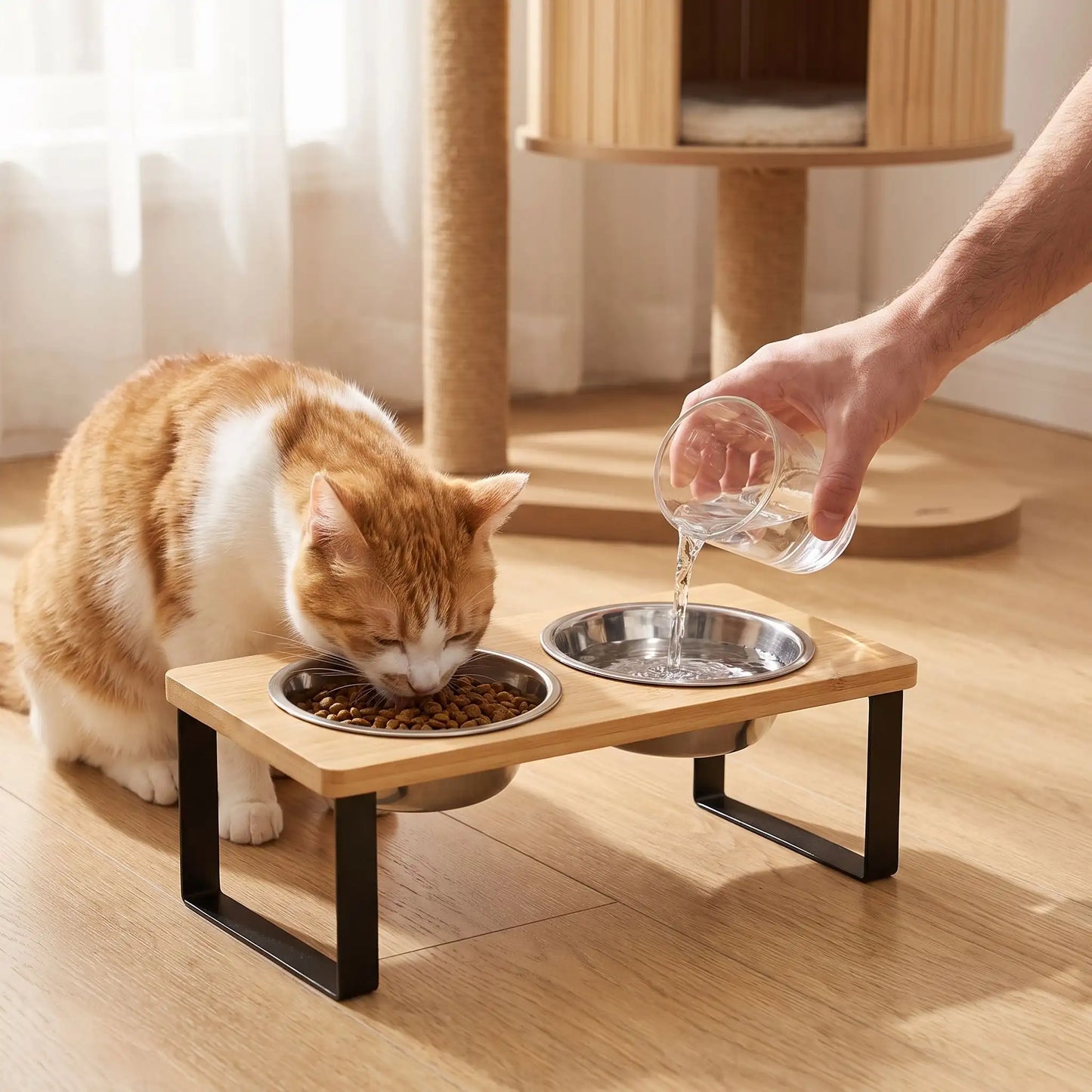 Gamelle chat surélevée avec propriétaire versant eau