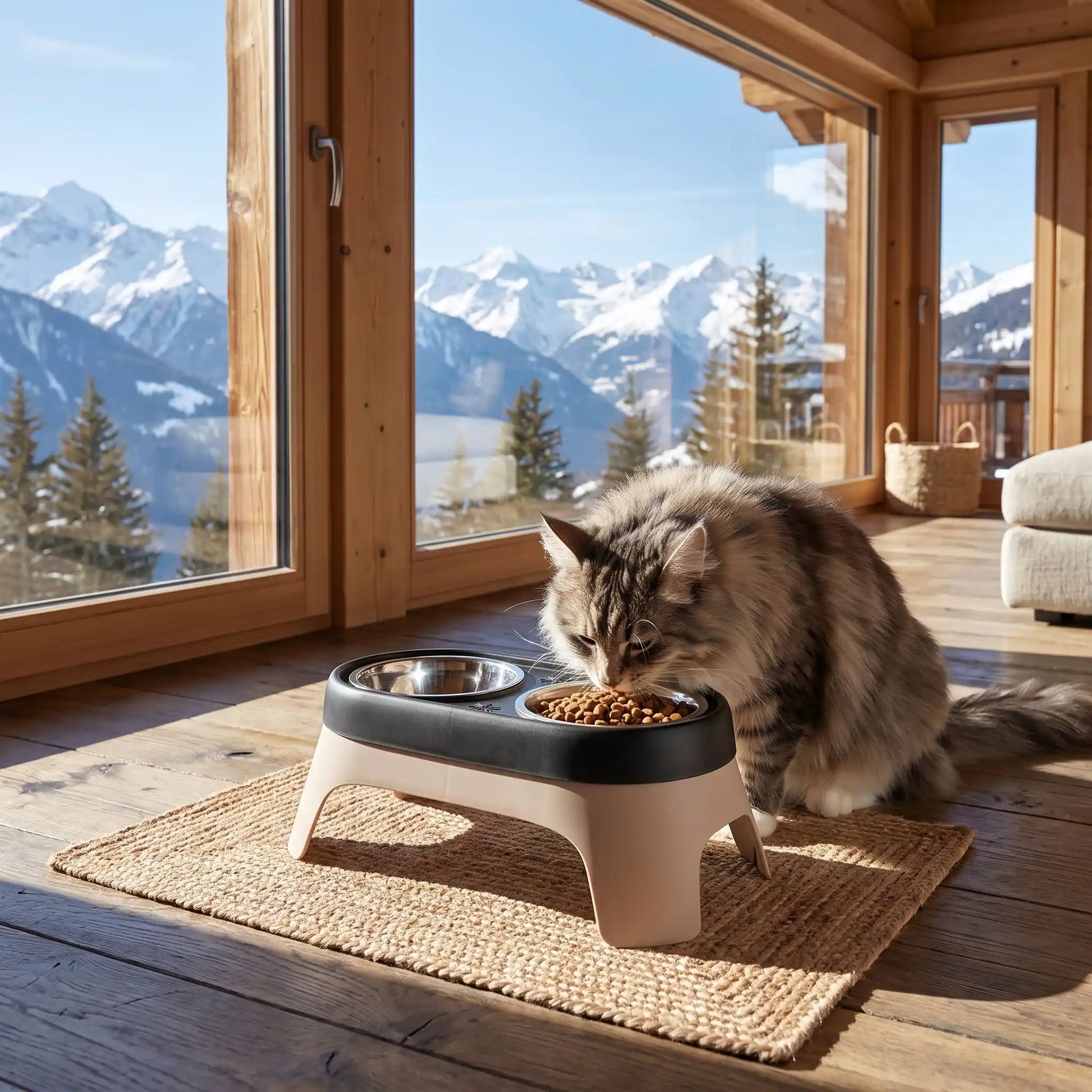 Gamelle chat surélevée beige chat norvégien mange dedans