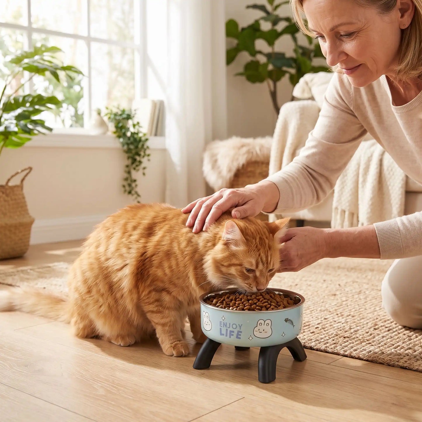 Gamelle chat surélevée bleue chat mange propriétaire attentionnée