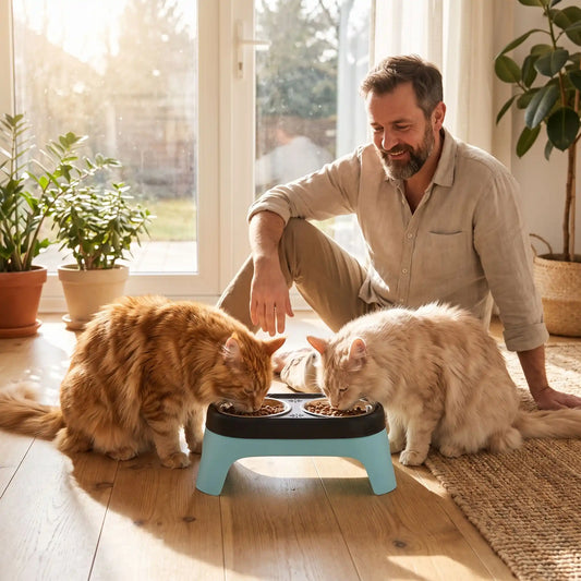 Gamelle chat surélevée deux maine coon mangent homme heureux