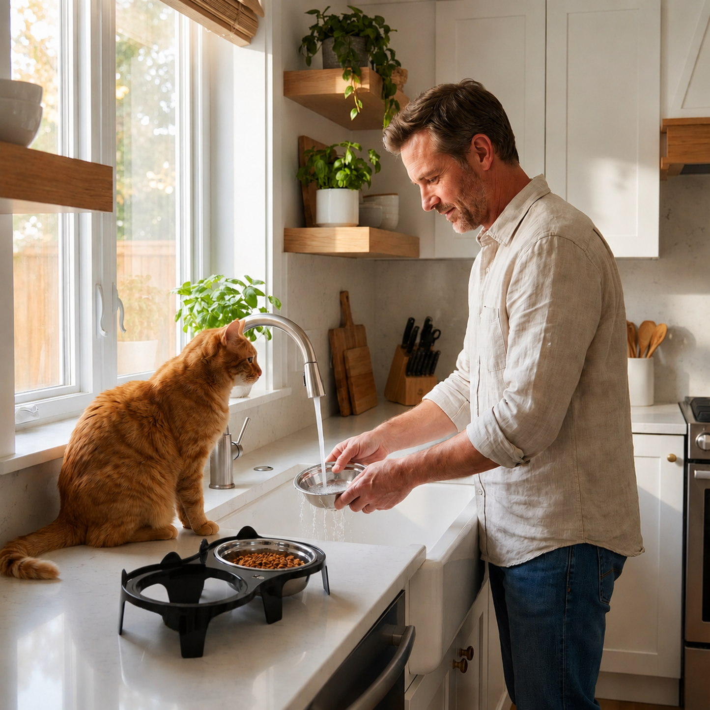 Gamelle chat surélevée double homme lavant une gamelle