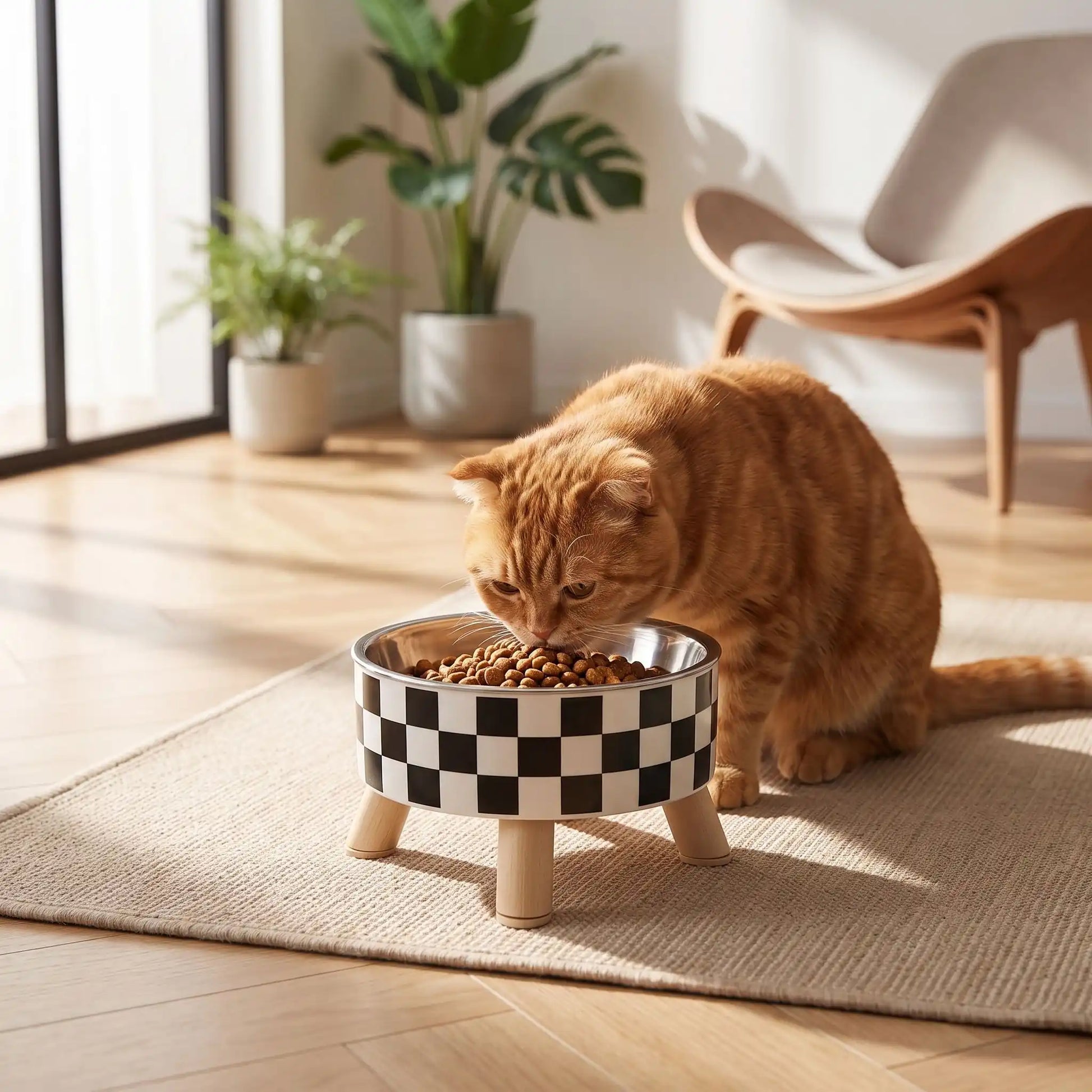 Gamelle chat surélevée motif damier chat roux mange croquettes