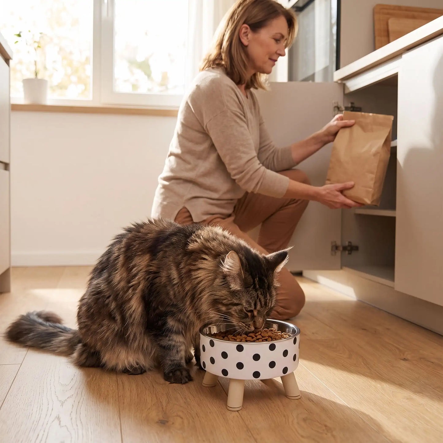 Gamelle chat surélevée motif pois Maine coon mange croquettes