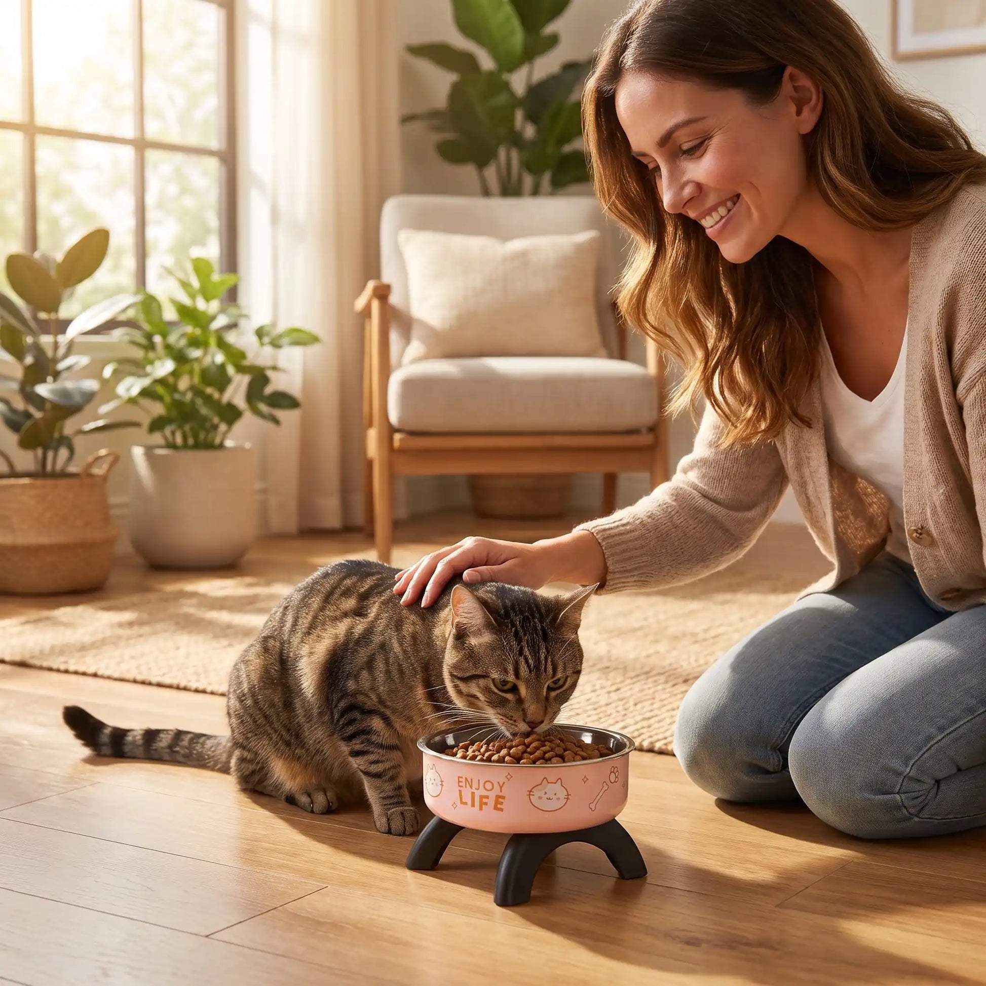 Gamelle chat surélevée rose avec femme heureuse chat mange