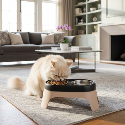 Gamelle chat surélevée beige chat blanc mangeant dans salon