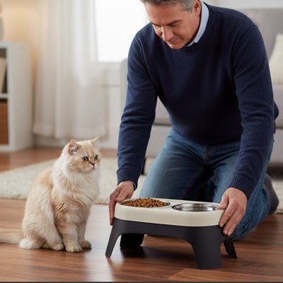 Gamelle chat surélevée homme la posant pour son chat