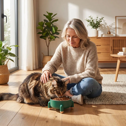 Gamelle chat verte chat mangeant près de sa propriétaire