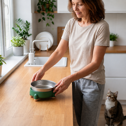 Gamelle chat verte femme détachant la gamelle inox