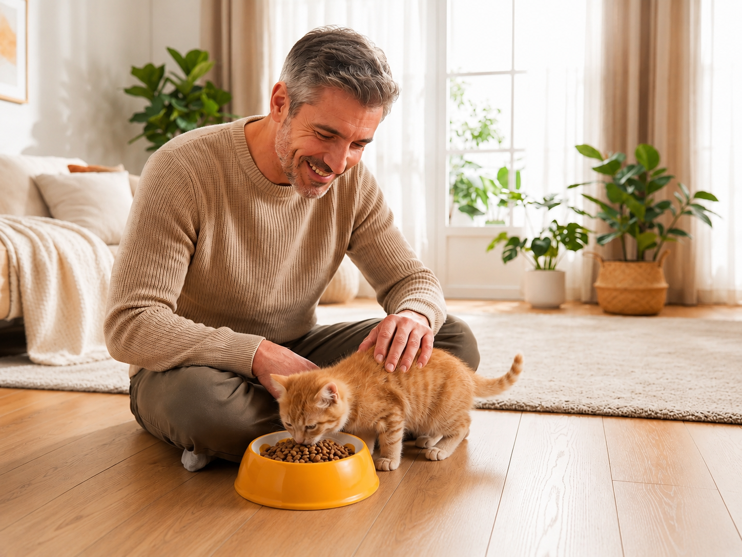 Gamelle chaton motif orange homme avec chaton qui mange
