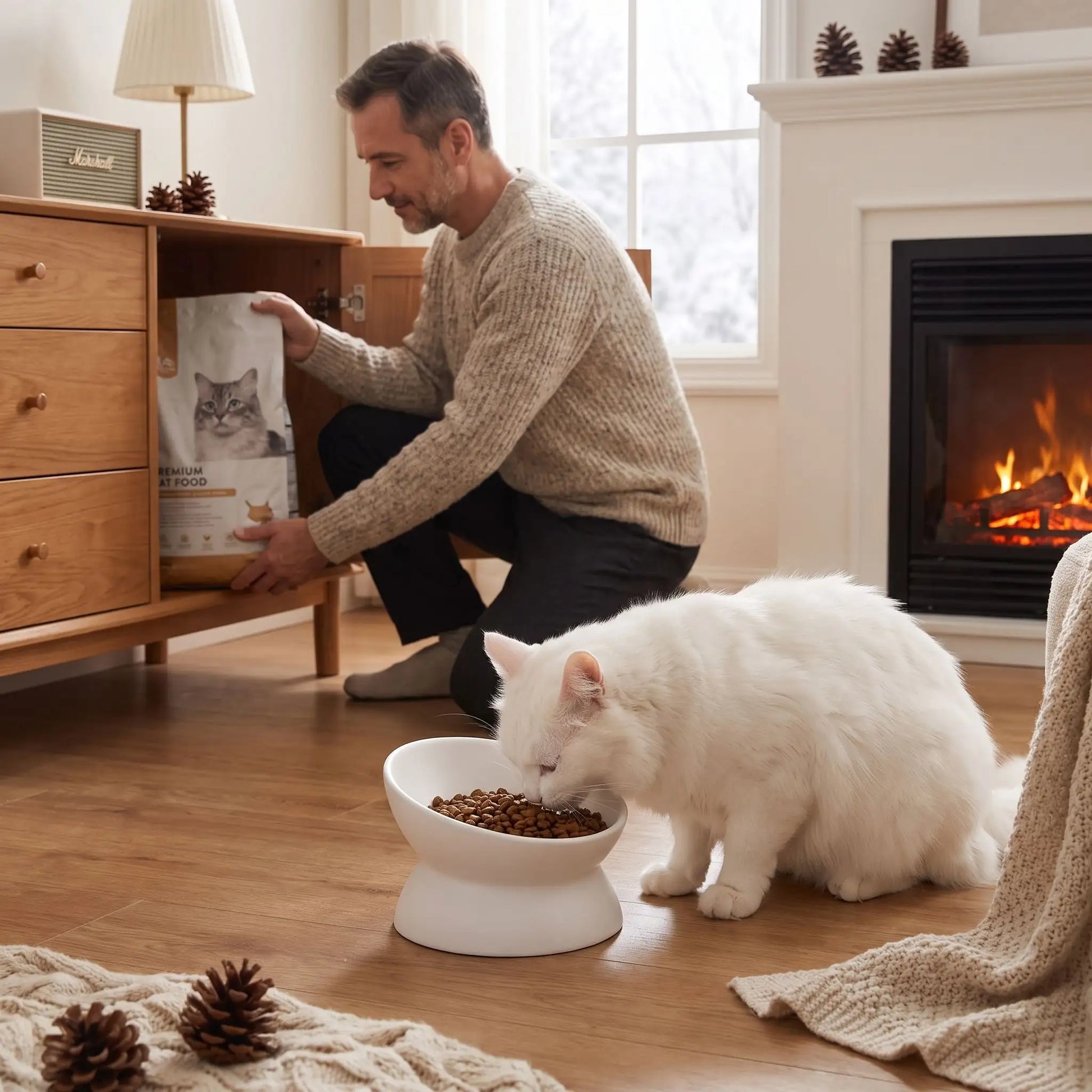Gamelle en ceramique blanche pour chat avec propriétaire et chat mange