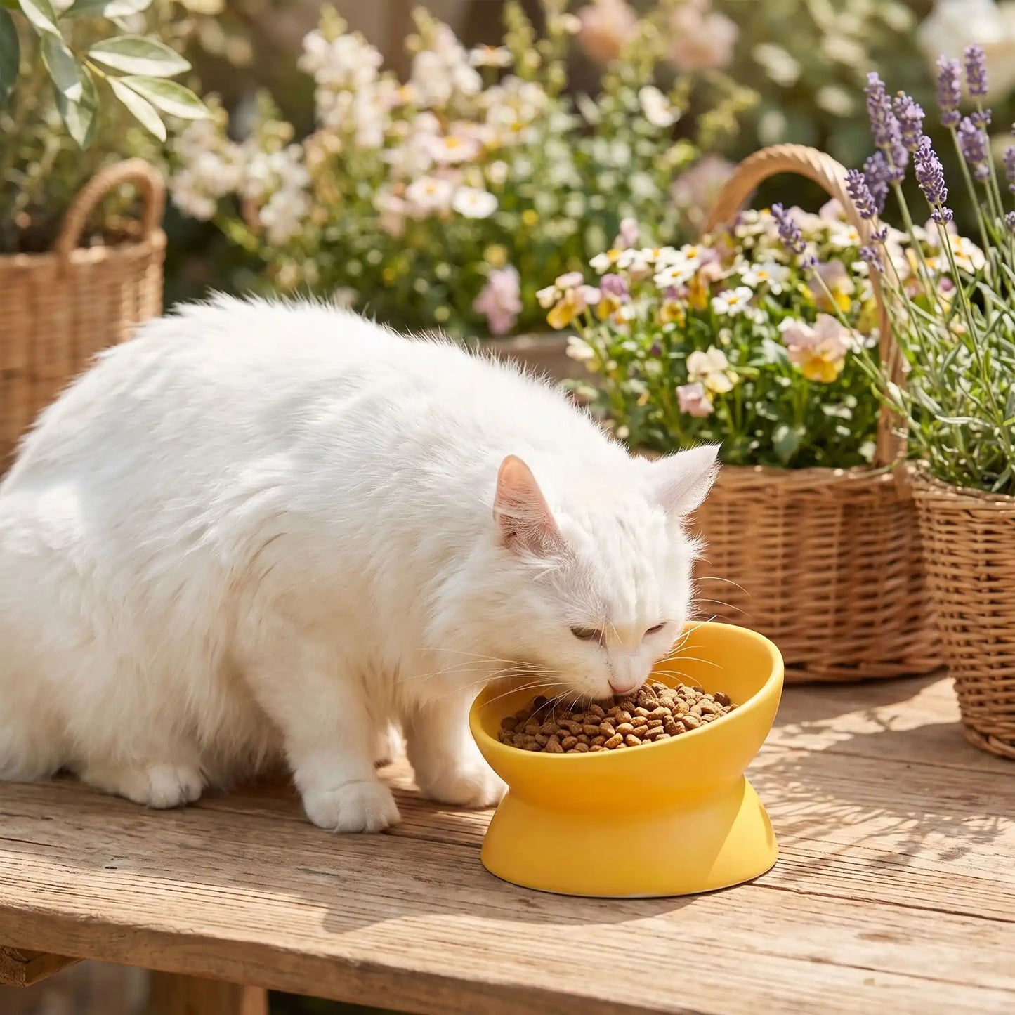 Gamelle en ceramique pour chat jaune avec chat mangeant