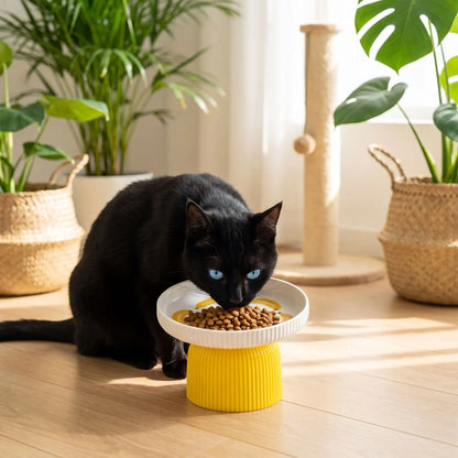 Gamelle en ceramique pour chat jaune chat noir mange croquettes