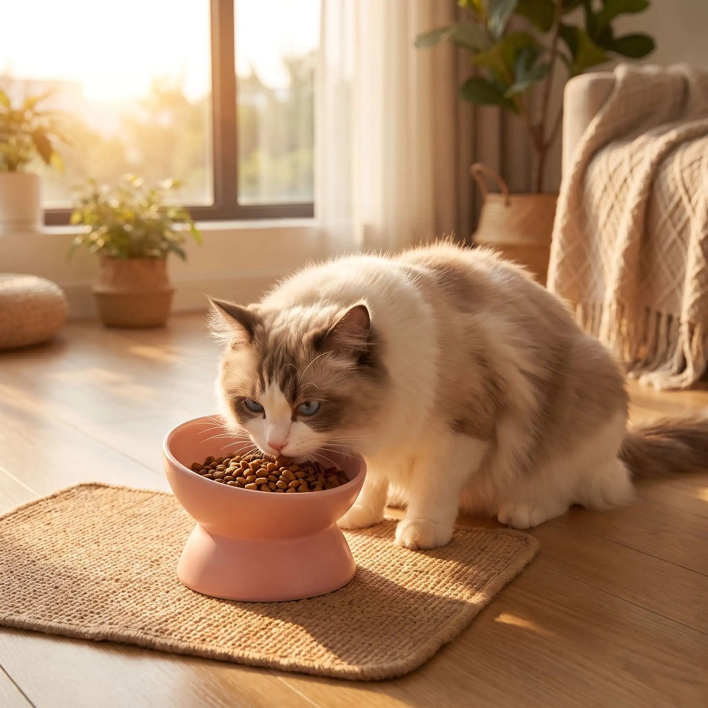 Gamelle en ceramique pour chat rose avec chat mangeant croquettes