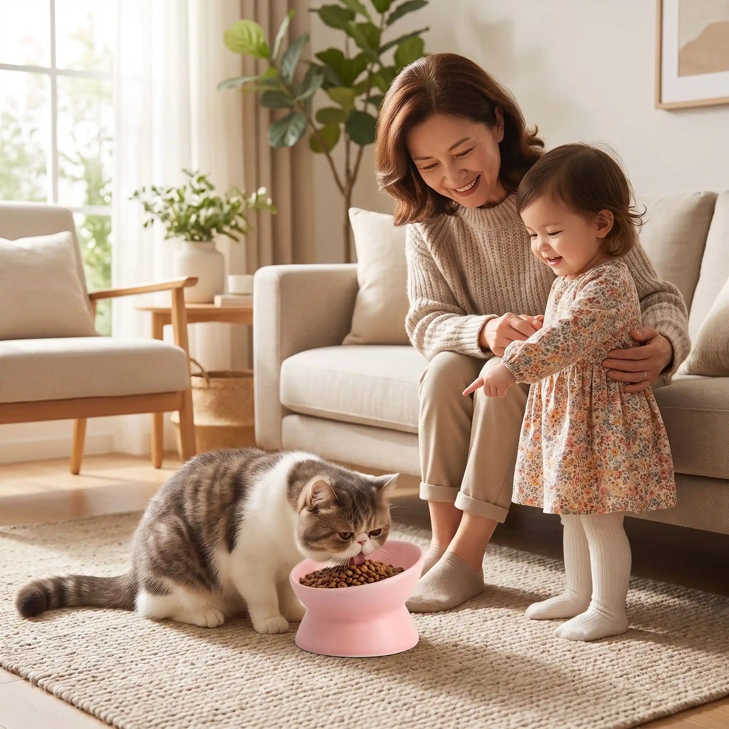 Gamelle en ceramique pour chat rose avec enfant observant chat