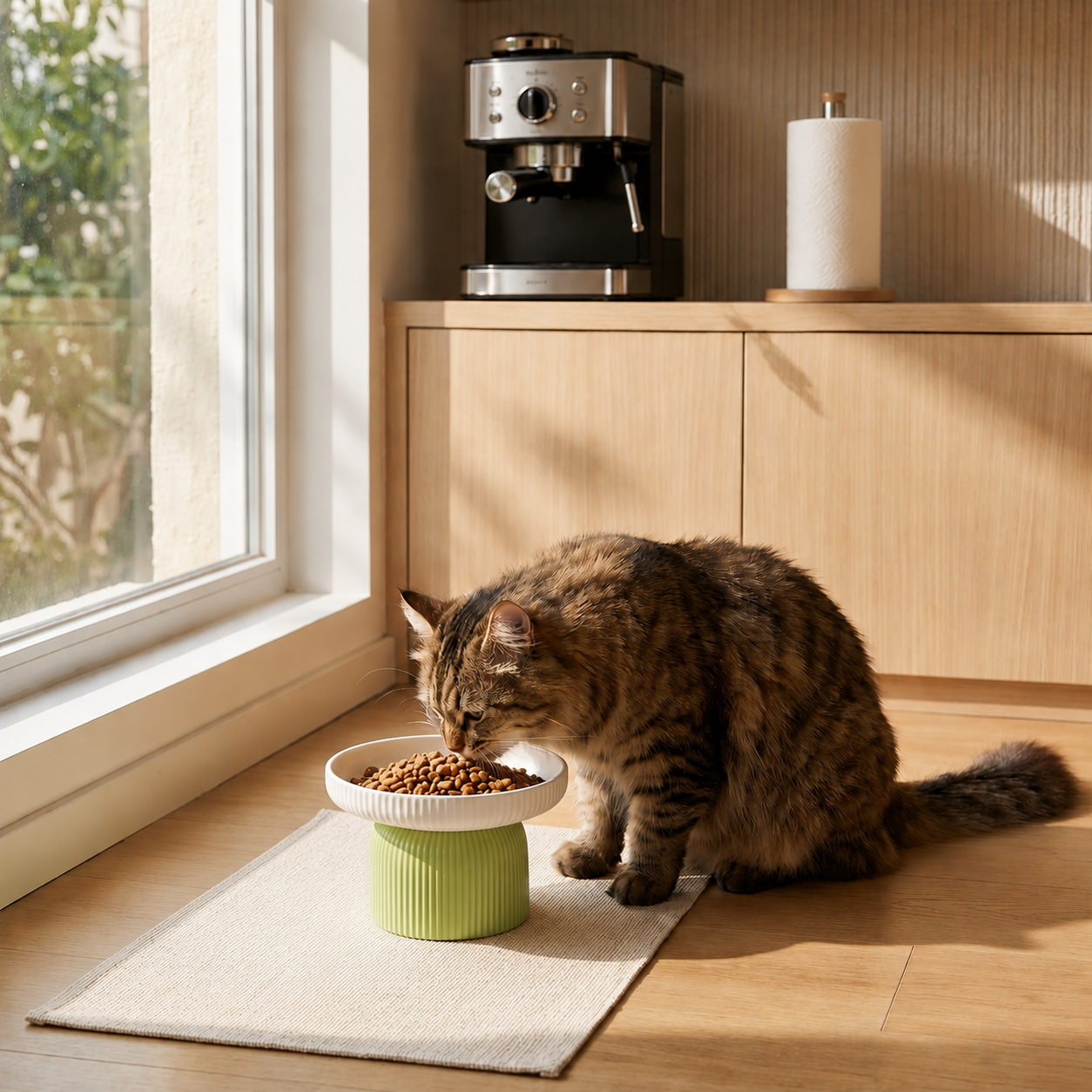 Gamelle en ceramique pour chat verte chat mange dans cuisine