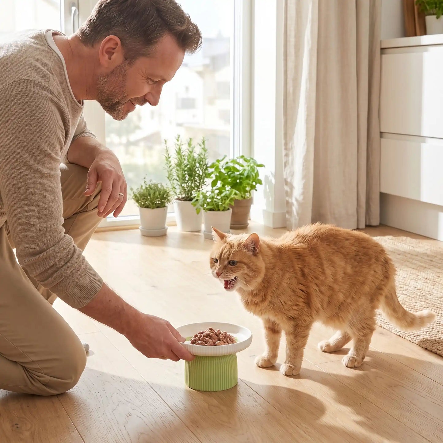 Gamelle en ceramique pour chat verte homme servant pâtée chat