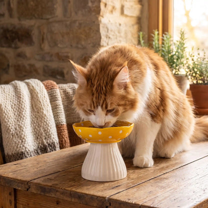 Gamelle surélevée chat jaune Maine coon mange sur table