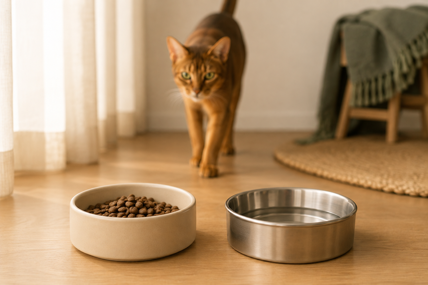 Gamelle chat en céramique et gamelle en inox avec chat abyssin