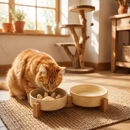 Gamelles anti glouton chat beiges chat roux mange