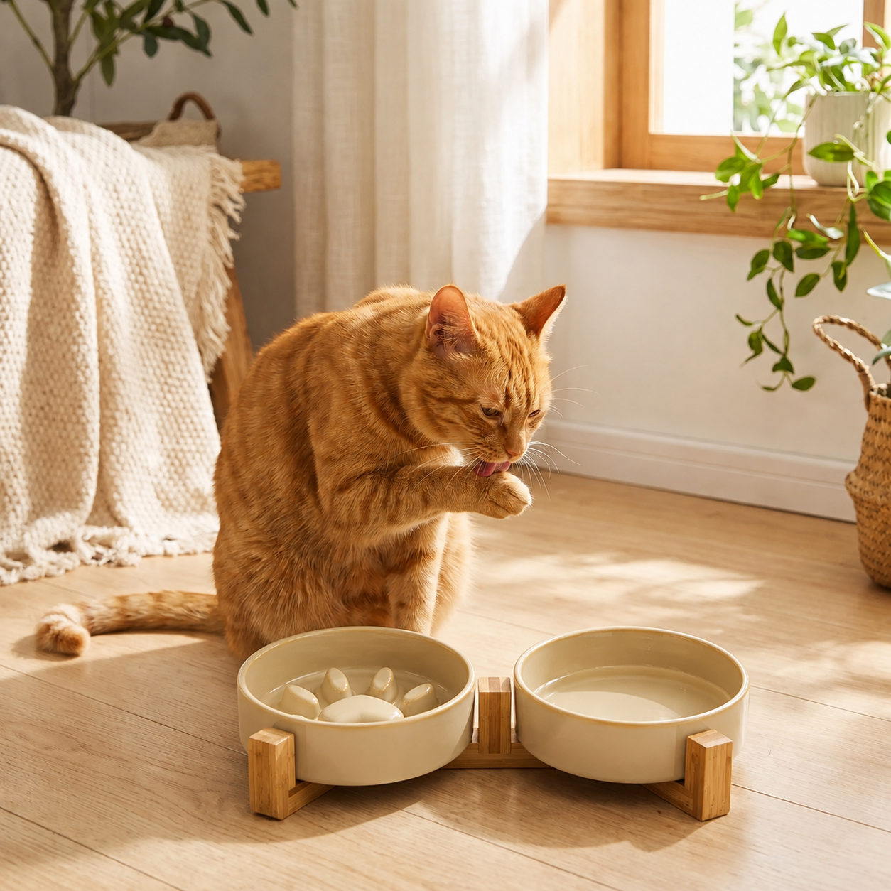 Gamelles anti glouton chat céramique beiges devant chat roux