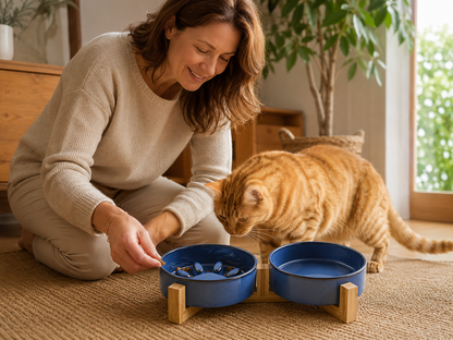 Gamelles anti glouton chat céramique bleues femme avec chat observateur