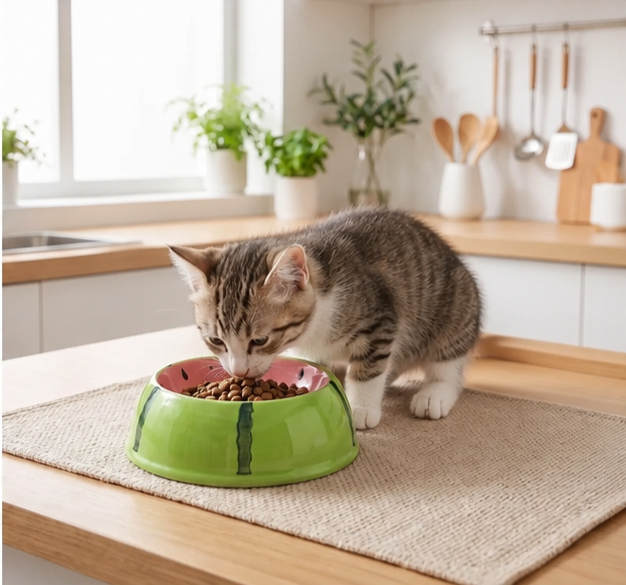 Gamelles chaton avec chaton mangeant croquettes