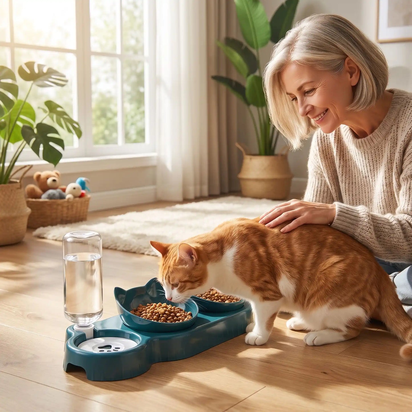 Gamelles pour chat bleues femme caresse son chat qui mange