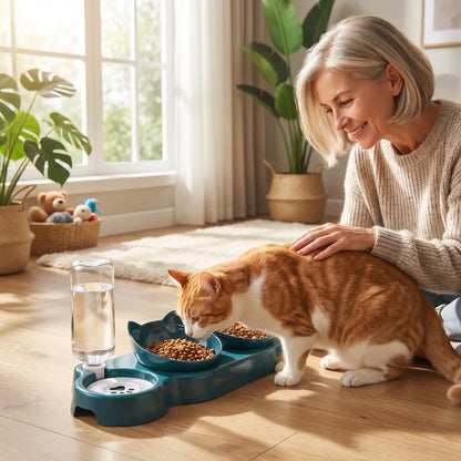 Gamelles pour chat bleues femme caresse son chat qui mange