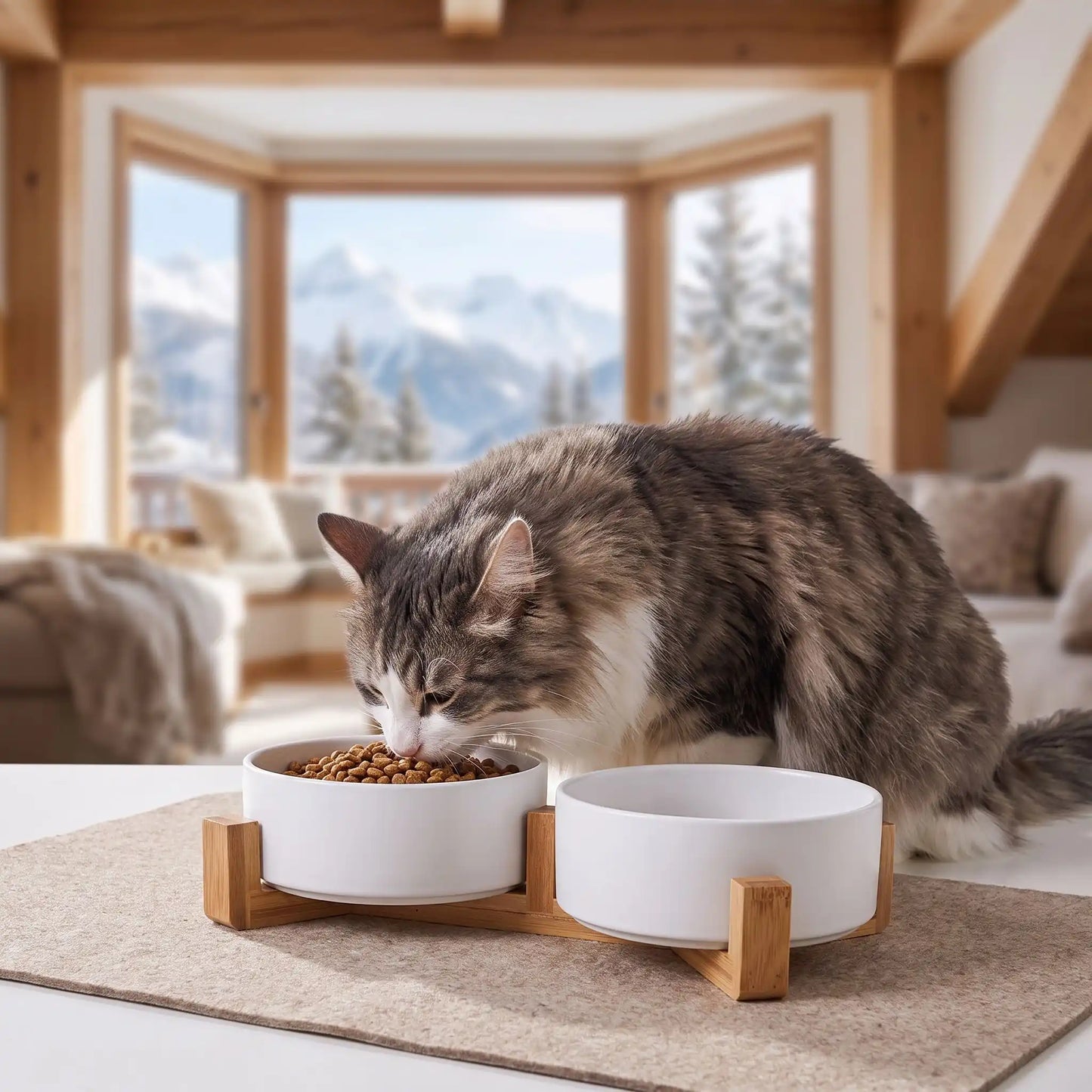 Gamelles pour chats blanches chat norvégien mange vue montagne